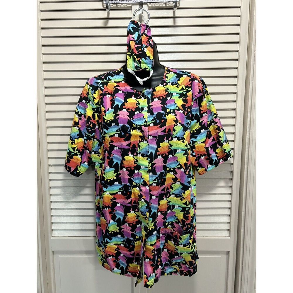 Cotonality Multi Colored Frogs Short Sleeve Snap‎ Up Round Pockets Size Small